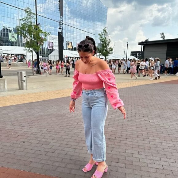 EUC - Main Strip Heartfelt Milkmaid Smocked Sequin Hearts Crop Top - Size: Large - Picture 2 of 10